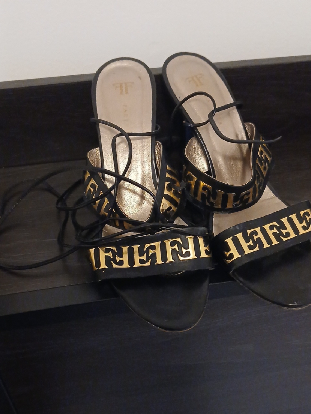 Black and Gold Lace-Up Heeled Sandals by Farruix